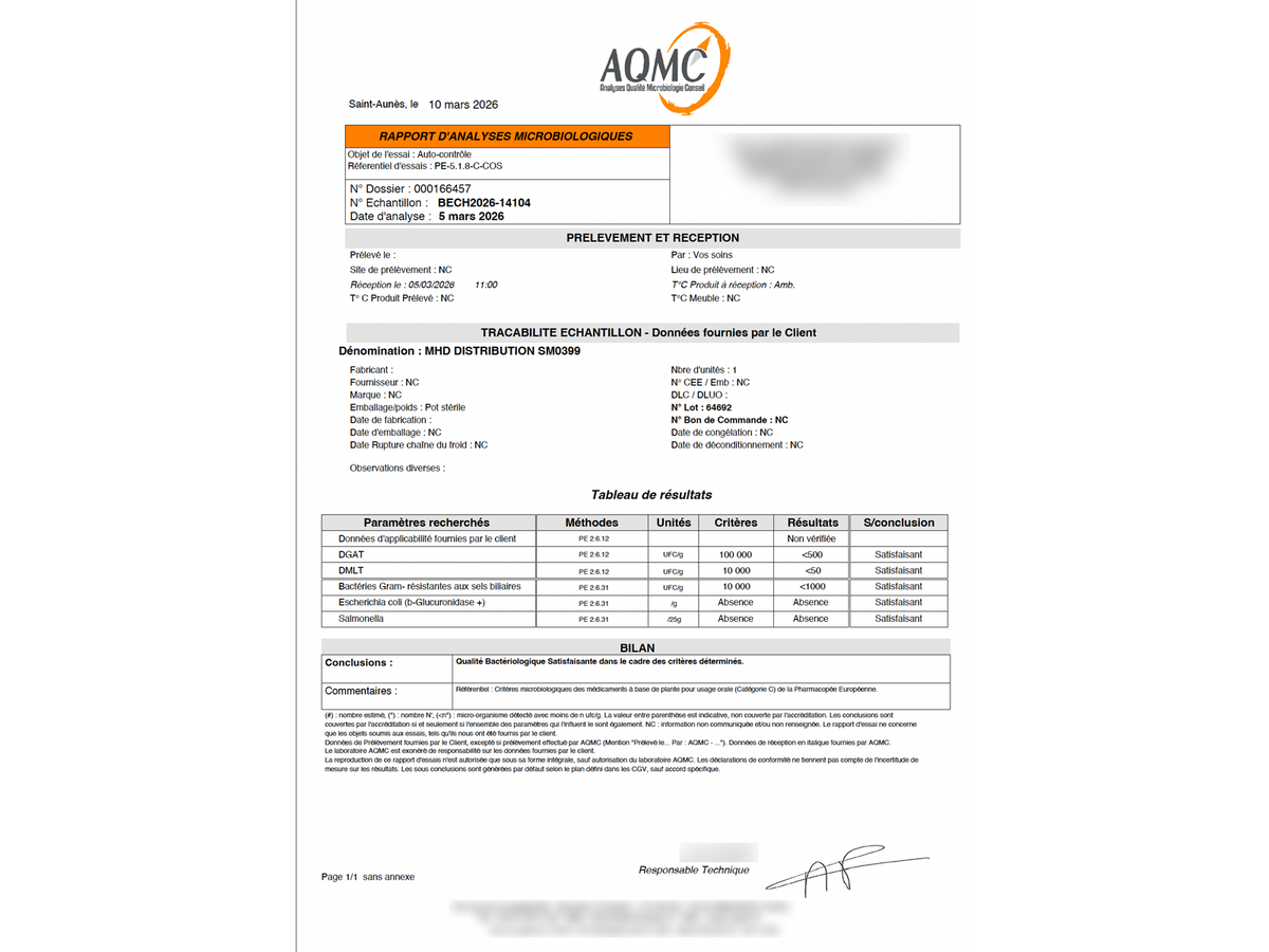 Rapport d’analyse microbiologique du lot Armonia 64692