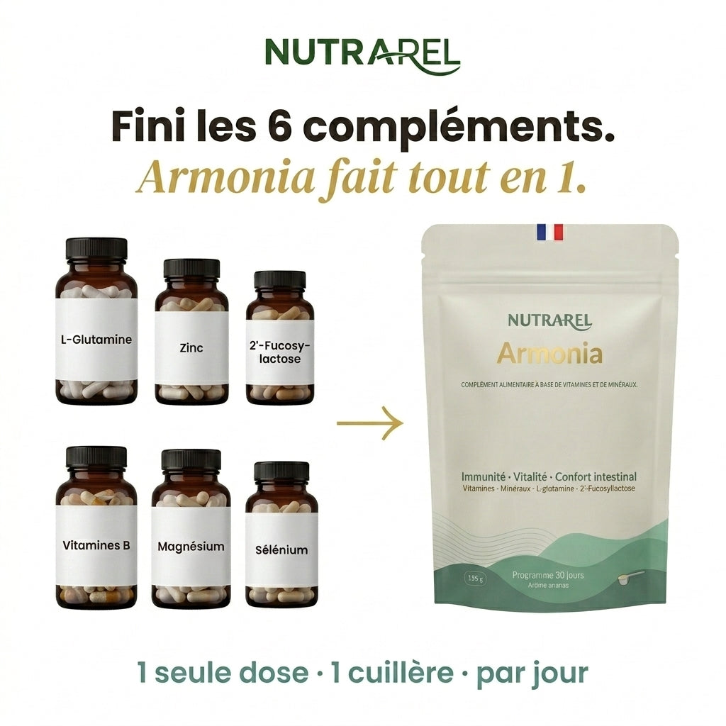 Visuel comparatif Nutrarel : six flacons de compléments alimentaires à gauche, une flèche et un sachet Armonia à droite.
