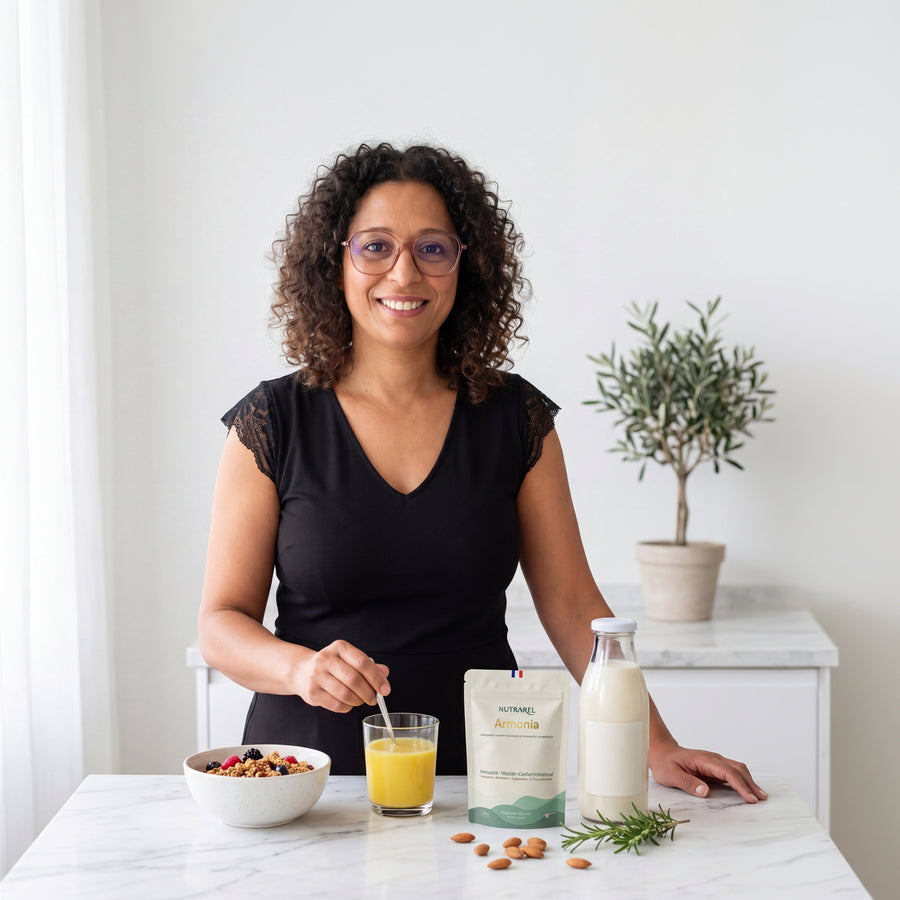 Zahra, fondatrice de Nutrarel, préparant Armonia dans sa cuisine
